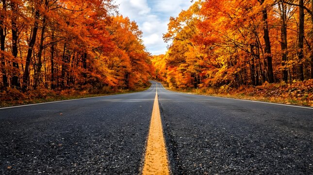 Asphalt road winding through a forest with vibrant orange autumn trees