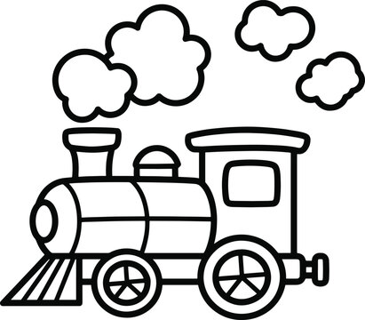 Vintage steam train illustration with smoke clouds black and white
