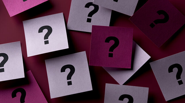 Numerous sticky notes with question marks scattered across a deep red surface. Represents confusion, inquiry, and.
