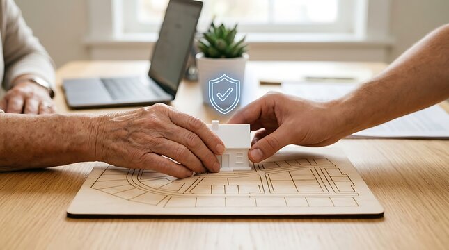 Two people discussing house plan with security symbol blueprint hands