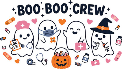 Fototapeta premium Cute halloween vector ghost nurse crew illustration with pumpkin medical supplies 'boo boo' text