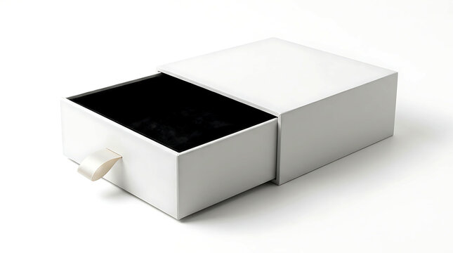 Open empty white cardboard box with a black velvet interior lining and a small pull ribbon.