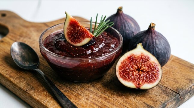 Bowl of fig jam with fresh figs and rosemary on a wooden cutting board