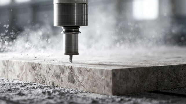 Industrial CNC machine drill cutting into a stone slab. This represents precision manufacturing and advanced.