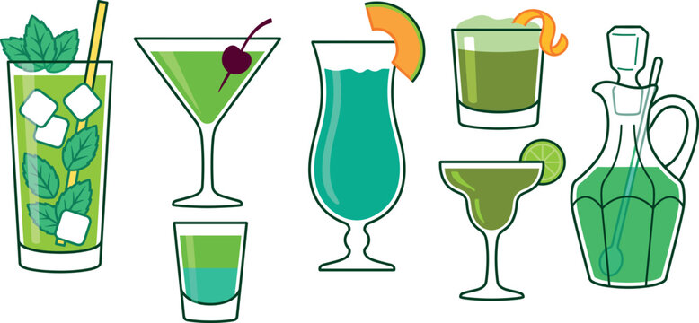 Green summer cocktail drinks collection with mojito margarita martini shot and glass decanter on white background