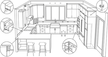 Fototapeta premium Modern Kitchen Cabinet CAD Drawing with Interior Elevation, Custom Cabinetry Details, and Technical Design Layout