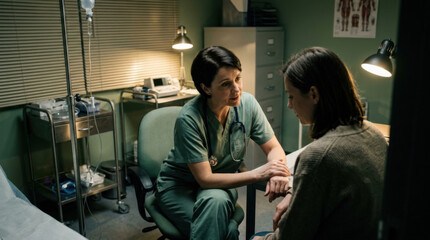 Naklejka premium Caring Doctor Comforts Patient During Consultation A Moment of Empathy and Support