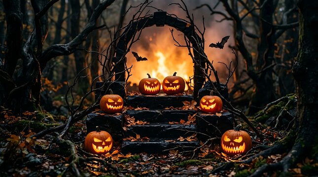 Halloween jack o lanterns on stone steps under a spooky stone archway in a dark forest with a blazing bonfire background