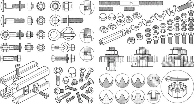 Mechanical Fasteners CAD Drawing Collection Featuring Bolts, Nuts, Screws, Washers, Threaded Components, and Engineering Details