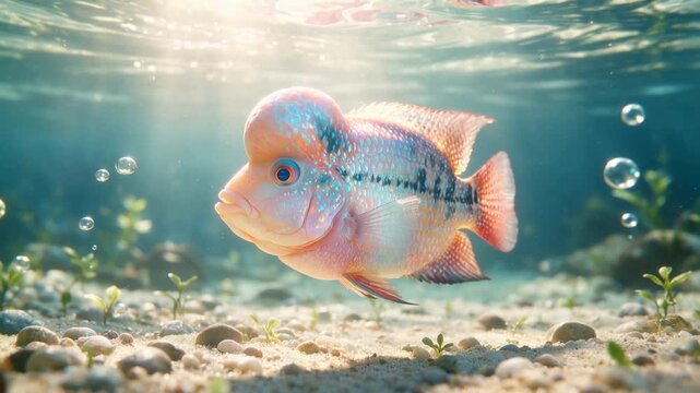 flowerhorn fish close up swimming underwater in southeast asian aquarium morning light video