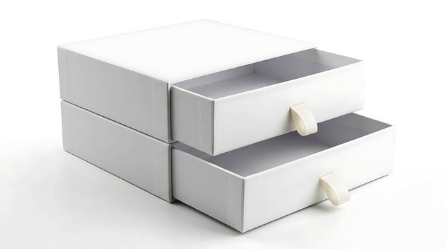 Two empty white paper drawer boxes with ribbon handles stacked for product packaging design.