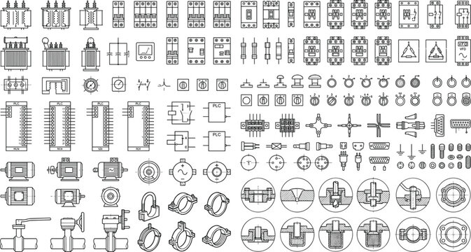 Professional Industrial Electrical CAD Symbol Library with Automation Components, PLC Icons and Technical Engineering Blueprint