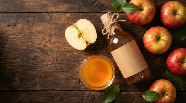 Apple cider vinegar in a glass bottle and a small bowl with fresh apples on a dark wooden background