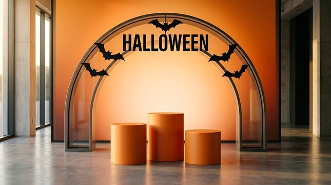 Halloween podium display with orange cylinders and a decorative arch with bats against a bright modern wall background