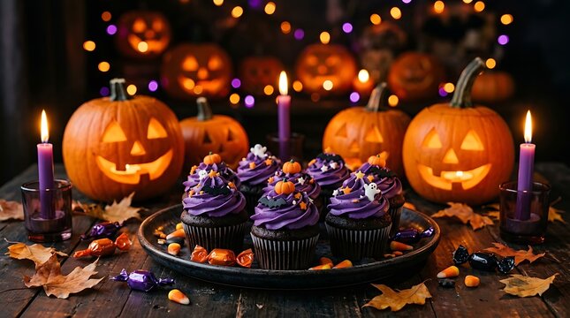 Halloween cupcakes with purple frosting and spooky decorations on a festive party table with jack o lanterns and candles