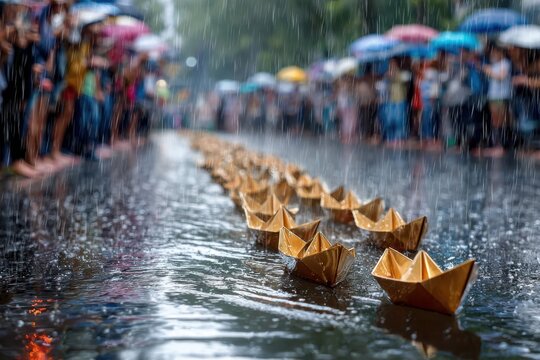 Celebration of culture with paper boats sailing in the rain during a festive gathering