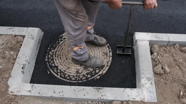 High-angle view of a road worker in protective boots compacting hot fresh asphalt around a circular metal sewer manhole cover using a hand tamper.