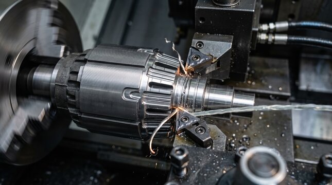 Detailed view of a precision motor rotor turning process with sharp cutting tools emphasizing the intricate shaping of rotor surfaces for optimal performance in precision