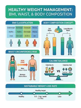 Healthy weight management infographic with bmi and calorie charts