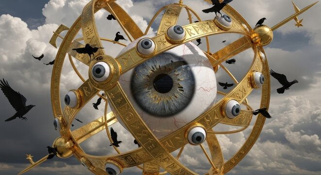 Surreal eyeball inside golden armillary sphere with crows.