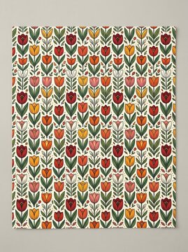 Retro floral tulip pattern with colorful folk art motifs