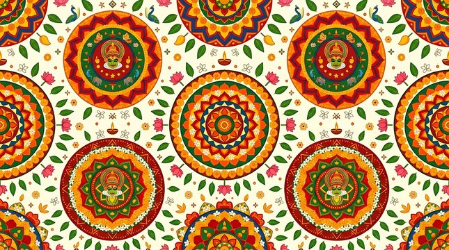 Traditional indian pookalam pattern with kathakali face and flowers