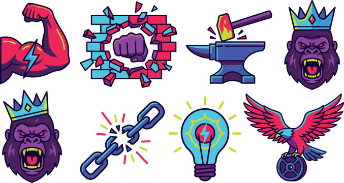 Powerful motivational strength icons set with gorilla king bicep anvil eagle and chain on transparent background