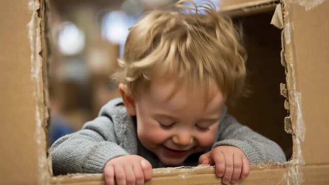 Smiling toddler playing with cardboard rocket, A young child sits happily inside a large cardboard box