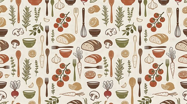 Vintage kitchen utensils and fresh ingredients seamless pattern