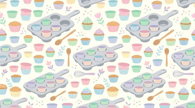 Seamless pattern of pastel cupcakes and baking tools in a cute style