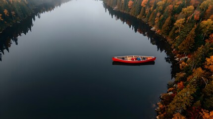Red canoe floating on calm lake surface surrounded by colorful autumn forest © Milkyway