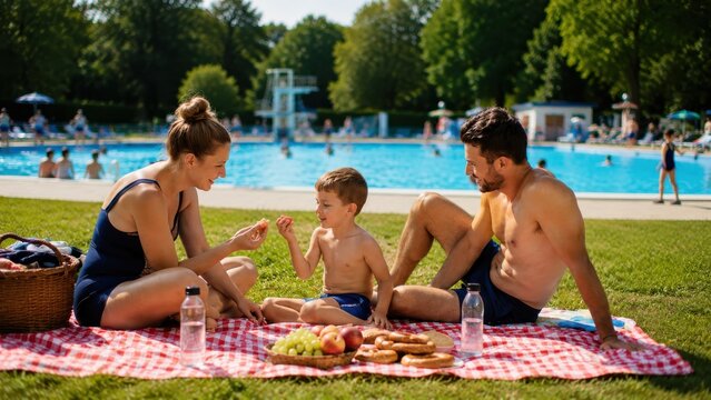 Familie genie&szlig;t ein entspanntes Picknick auf der Liegewiese im deutschen Freibad. Obst, Brezeln und Getr&auml;nke schaffen echte Sommerferien-Stimmung am Schwimmbecken.