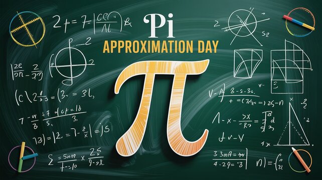 Golden Pi symbol surrounded by handwritten equations on chalkboard.

