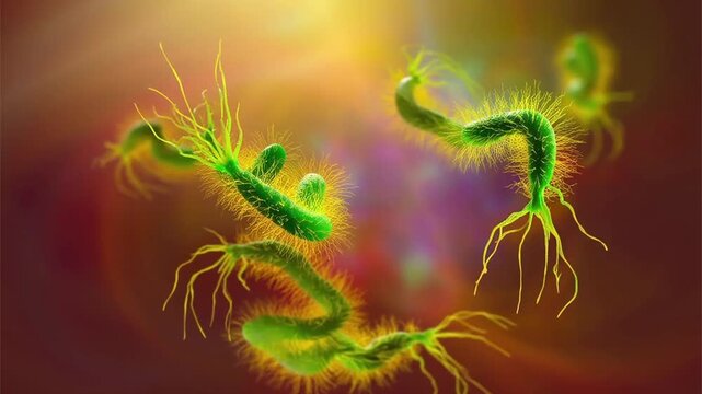 Helicobacter pylori bacteria, 3D animation showing curved, spiral-shaped rods with terminal bundles of fine flagella, demonstrating characteristic morphology for gastric colonisation.