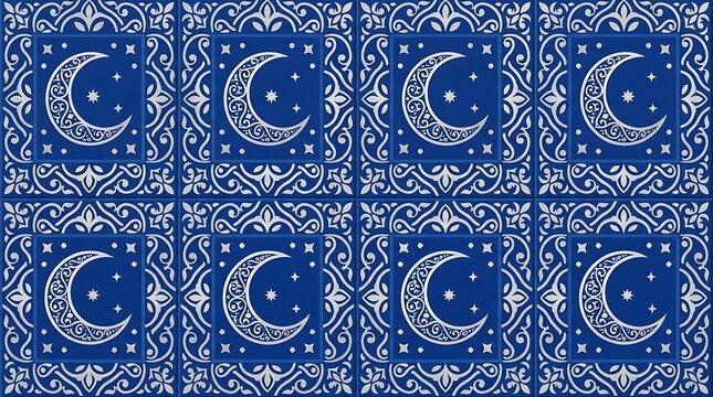 Blue ornamental tiles with silver crescent moon and stars pattern