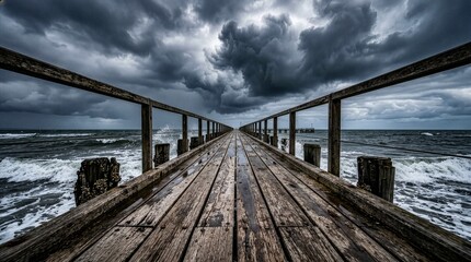 Fototapeta premium Dramatic wooden pier leading into a stormy sea under dark stormy clouds, perspective view, storm concept