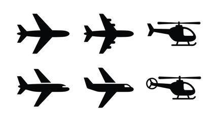 Aircraft silhouette illustration featuring airplanes and helicopters symbolizing aviation, travel, flight, transportation, and modern air mobility in minimal style © Ali