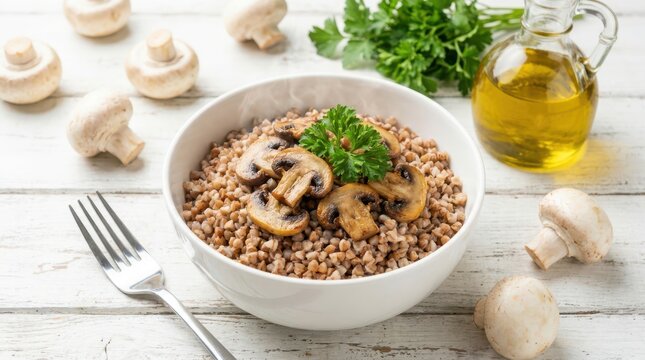 Bowl of buckwheat with fried mushrooms and parsley