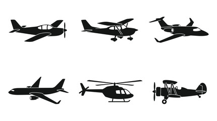 Aircraft silhouette illustration featuring airplanes and helicopters symbolizing aviation, travel, flight, engineering, and modern air transportation design © Ali