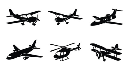 Aircraft silhouette illustration featuring airplanes and helicopters symbolizing aviation, travel, flight, engineering, and modern air transportation design © Ali