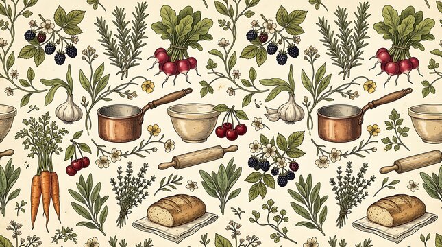 Vintage kitchen pattern with fresh vegetables herbs and bread