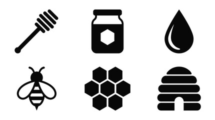 Honey and beekeeping silhouette illustration featuring bees, honey jars, droplets, hives, and honeycombs symbolizing nature, sweetness, and sustainability © Ali