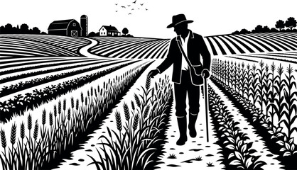 Farmer in a field with crops and farm buildings © Arafat Sajid
