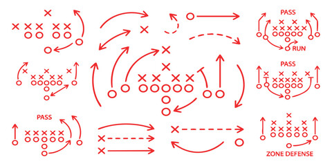 American football game strategy play diagrams with red x and o symbols and movement arrows for team tactics © GraphixEra