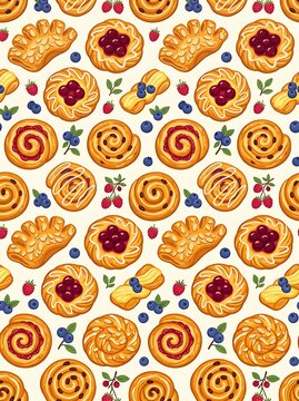 Seamless pattern of assorted danish pastries with fresh berries