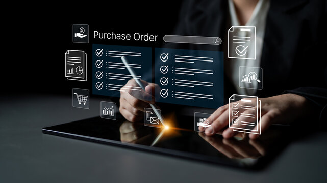 Business Professional Managing Digital Purchase Order Workflow on a Tablet with Interactive Icons and Checklists in a Dark Studio Environment. Bitwise.