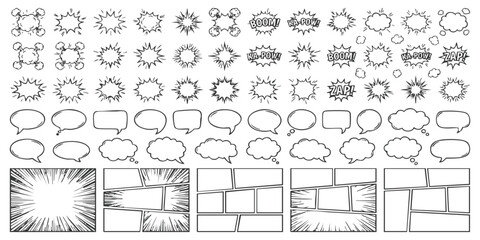 Large collection of comic book speech bubbles explosion sound effects and manga style page layout frames © GraphixEra
