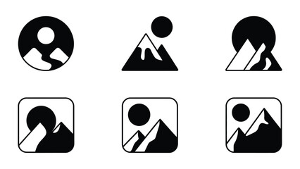 Minimalist black and white vector icons of stylized mountains with sun or moon above, presented in standalone and square‑frame variations, symbolizing nature, landscape, travel, and adventure themes. © VectAmaze