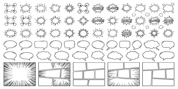 Large collection of comic book speech bubbles explosion sound effects and manga style page layout frames