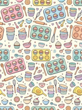 Baking seamless pattern with hand drawn cupcakes and kitchen tools